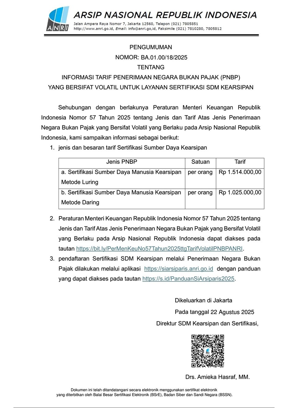 Biaya Layanan Sertifikasi SDM Kearsipan